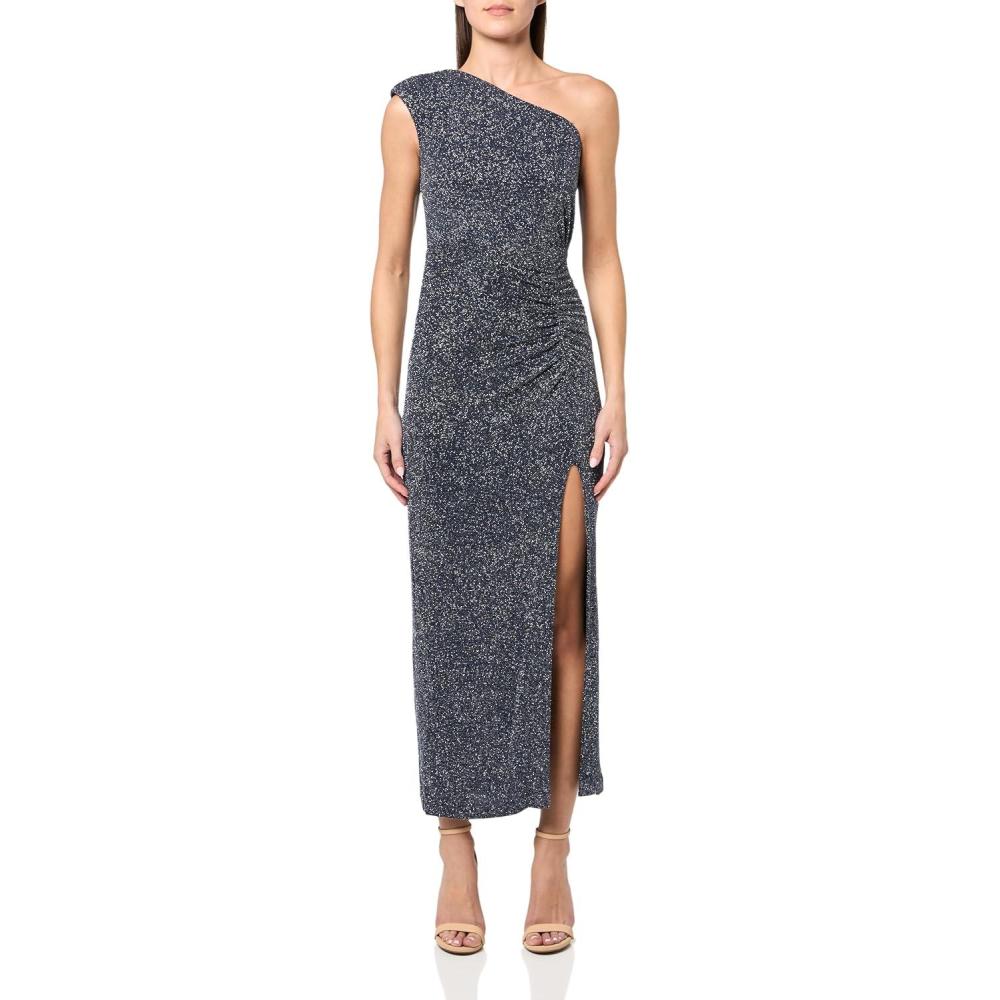 imageVince Camuto Womens One Shoulder Front Slit Metalic Knit GownNavy