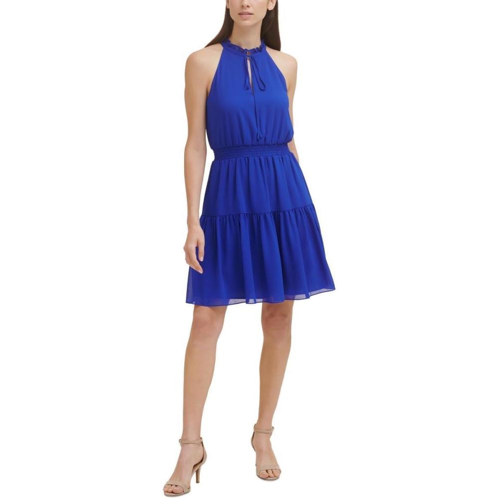 imageVince Camuto Womens Sleeveless Halter Neck Chiffon Fit ampamp Flare DressCobalt