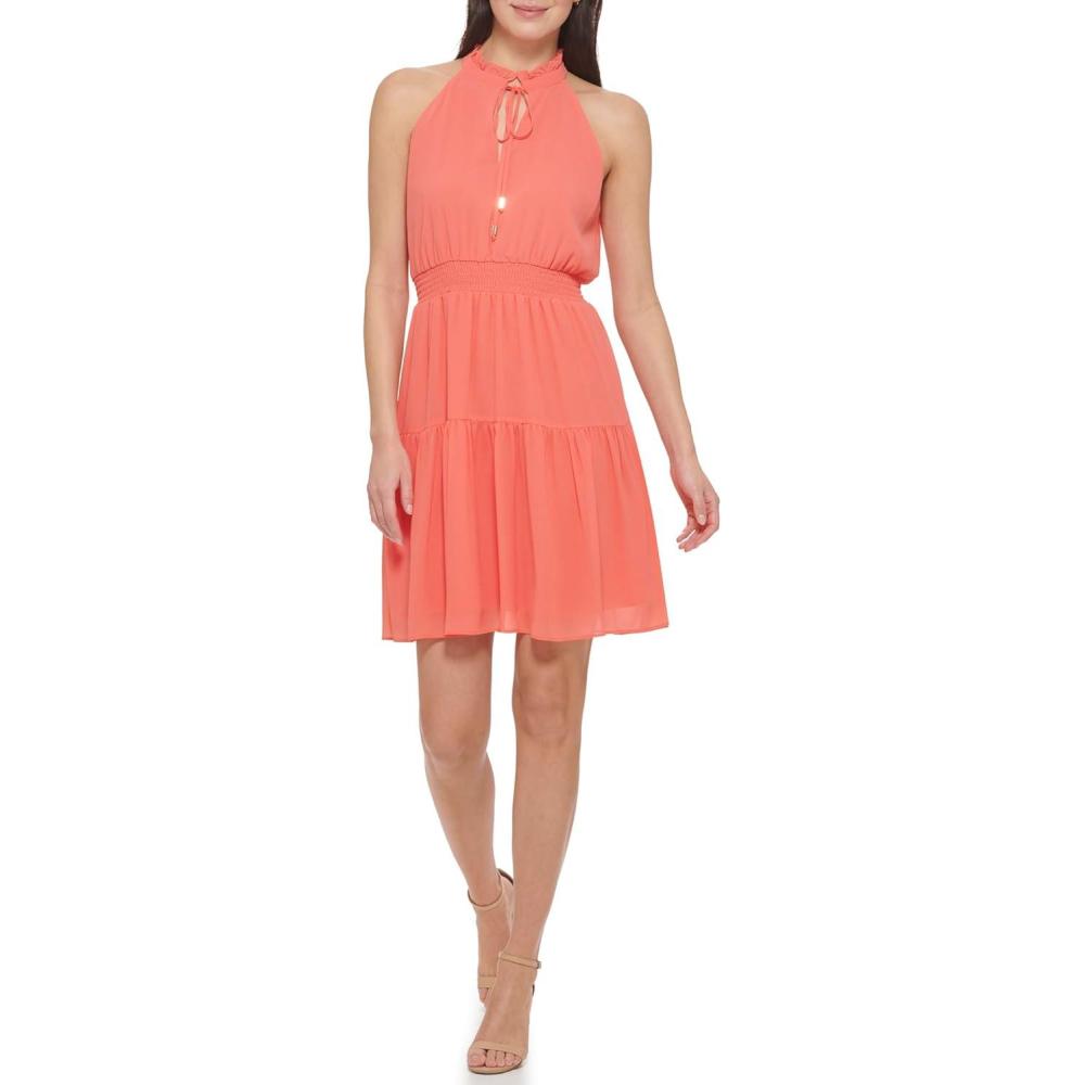 imageVince Camuto Womens Sleeveless Halter Neck Chiffon Fit ampamp Flare DressMango