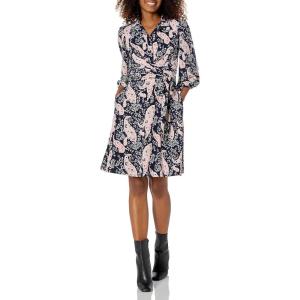 Vince Camuto Womens Collared V-Neck Knee Length Wrap Dress(Navy Muti)