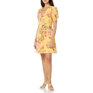 Vince Camuto Womens Flutter Sleeve V-Neck Fit & Flare Chiffon Mini Dress(Yellow Multi)