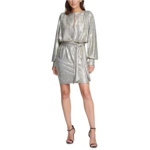Vince Camuto Womens Metallic Knit Dress with Belt(Gold)