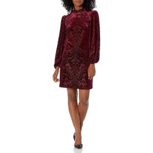 Vince Camuto Womens Velvet Burnout Shift Dress with Voluminous SleevesCocktail Dress(Wine)