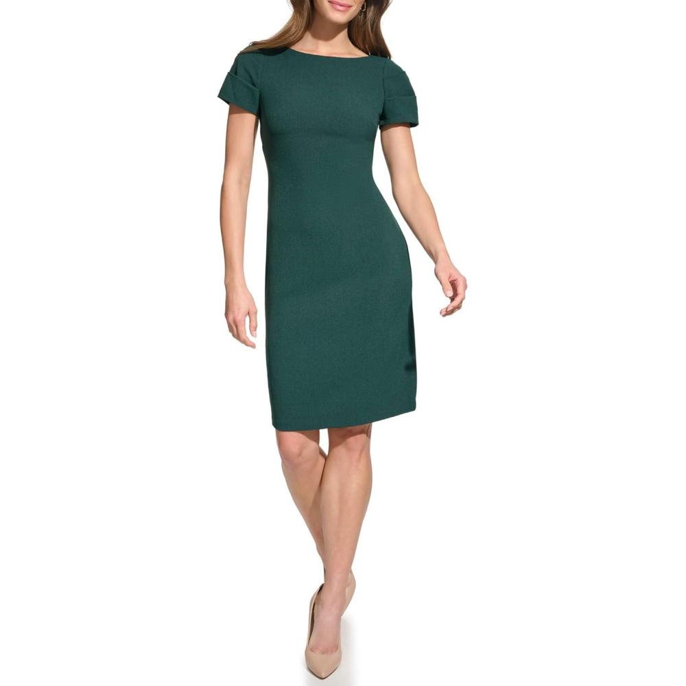 imageVince Camuto Womens Short Sleeve Boat Neck Sheath Mini DressHunter Green