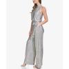 Vince Camuto womens Sleeveless Mock Neck Tie Wasit Metallic Knit Jumpsuit(Grey)