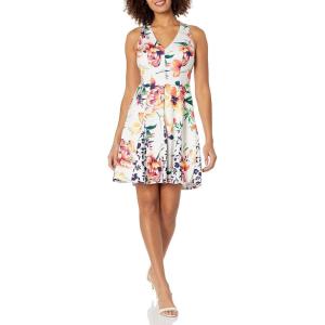 Vince Camuto Women’s Printed Scuba Fit and Flare Dress with Combo Godets(Ivory)