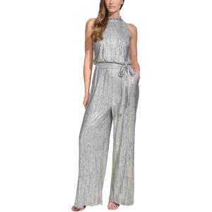 Vince Camuto womens Sleeveless Mock Neck Tie Wasit Metallic Knit Jumpsuit(Grey)
