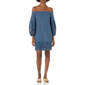 Vince Camuto Womens Cotton Eyelet Off The Shoulder Balloon Sleeve Shift Dress(Navy)