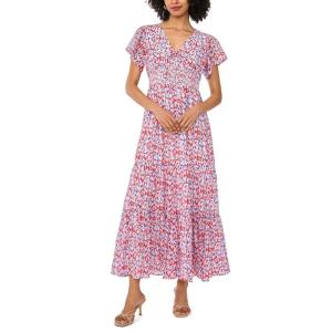 Vince Camuto Women’s Short Sleeve Smocked Waist Maxi Dress(Red Hot)