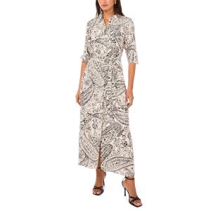 Vince Camuto Women’s Tie Belt Long Sleeve Maxi Shirt Dress(Rich Black)