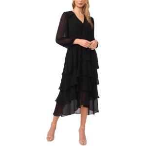Vince Camuto Women’s Tiered Ruffle V-Neck Long Sleeve Smocked Waist Midi Dress(Rich Black)