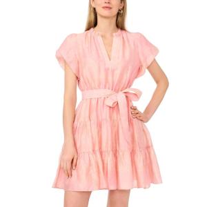 Vince Camuto Women’s Puff Sleeve Notch Neck Tie Waist Mini Dress(Summer Rose)