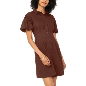 Vince Camuto Women’s Short Puff Sleeve Collared Button Down Mini Shirt Dress(Mocha)