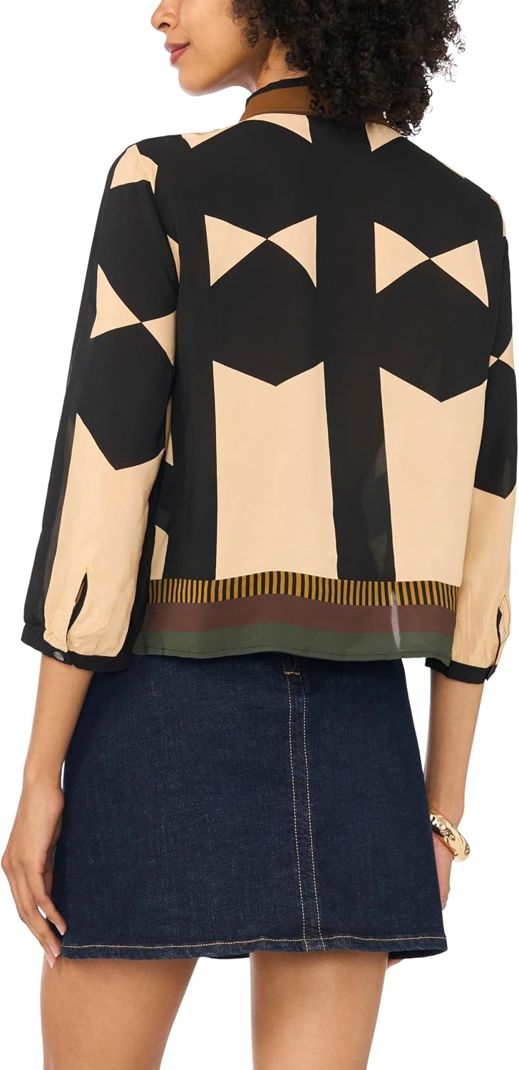 image:imageVince Camuto Womens Printed Collared Button Down 34 Sleeve BlouseRich Black