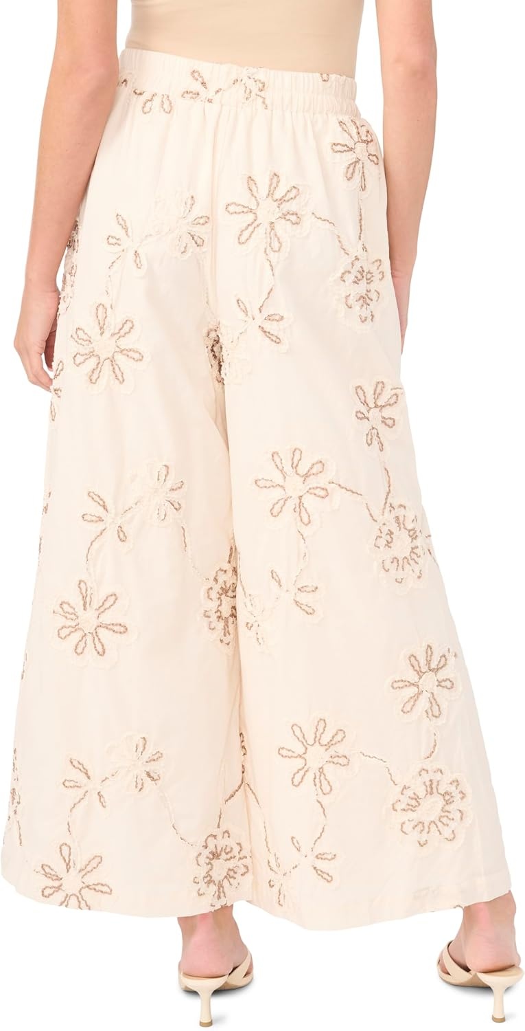 image:imageVince Camuto Womens Ruffle Embroidery Elastic Waist Wide Leg PantNew Ivory