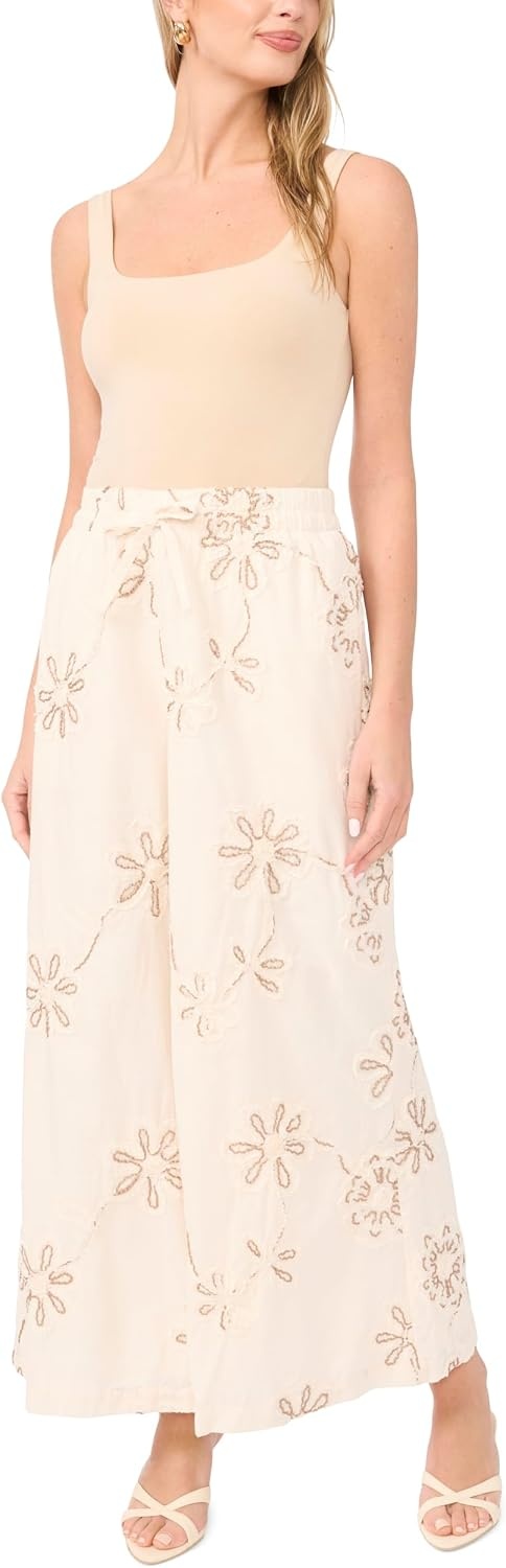 image:imageVince Camuto Womens Ruffle Embroidery Elastic Waist Wide Leg PantNew Ivory