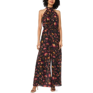 Vince Camuto Women’s Floral Print Sleeveless Halter Neck Smocked Waist Jumpsuit(Rich Black)