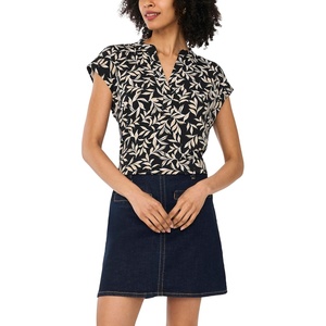 Vince Camuto Women’s Floral Print V-Neck Front Placket Blouse(Smoke Gray)
