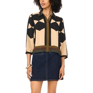 Vince Camuto Women’s Printed Collared Button Down 3/4 Sleeve Blouse(Rich Black)