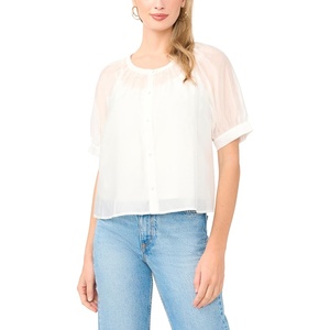 Vince Camuto Women’s Scoop Neck Button Down Short Sleeve Flowy Top(Ultra White)