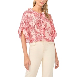 Vince Camuto Women’s Tie V Neck 3/4 Sleeve Ruffle Front Blouse(Summer Rose)