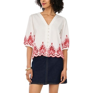 Vince Camuto Women’s Trim Detailed V Neck 3/4 Sleeve Blouse(Ultra White)