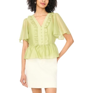Vince Camuto Women’s V Neck 3/4 Sleeve Button Down Top(Flora Green)