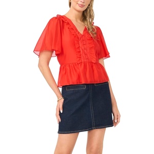 Vince Camuto Women’s V Neck 3/4 Sleeve Button Down Top(Lobster Red)