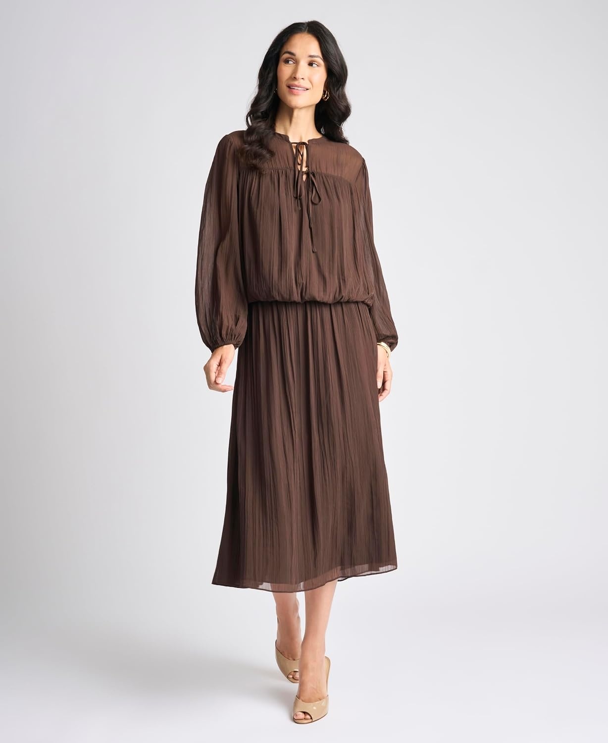 image:imageVince Camuto Long Sleeve Bubble Hem with SplitNeck and Two TiesRich Chocolate