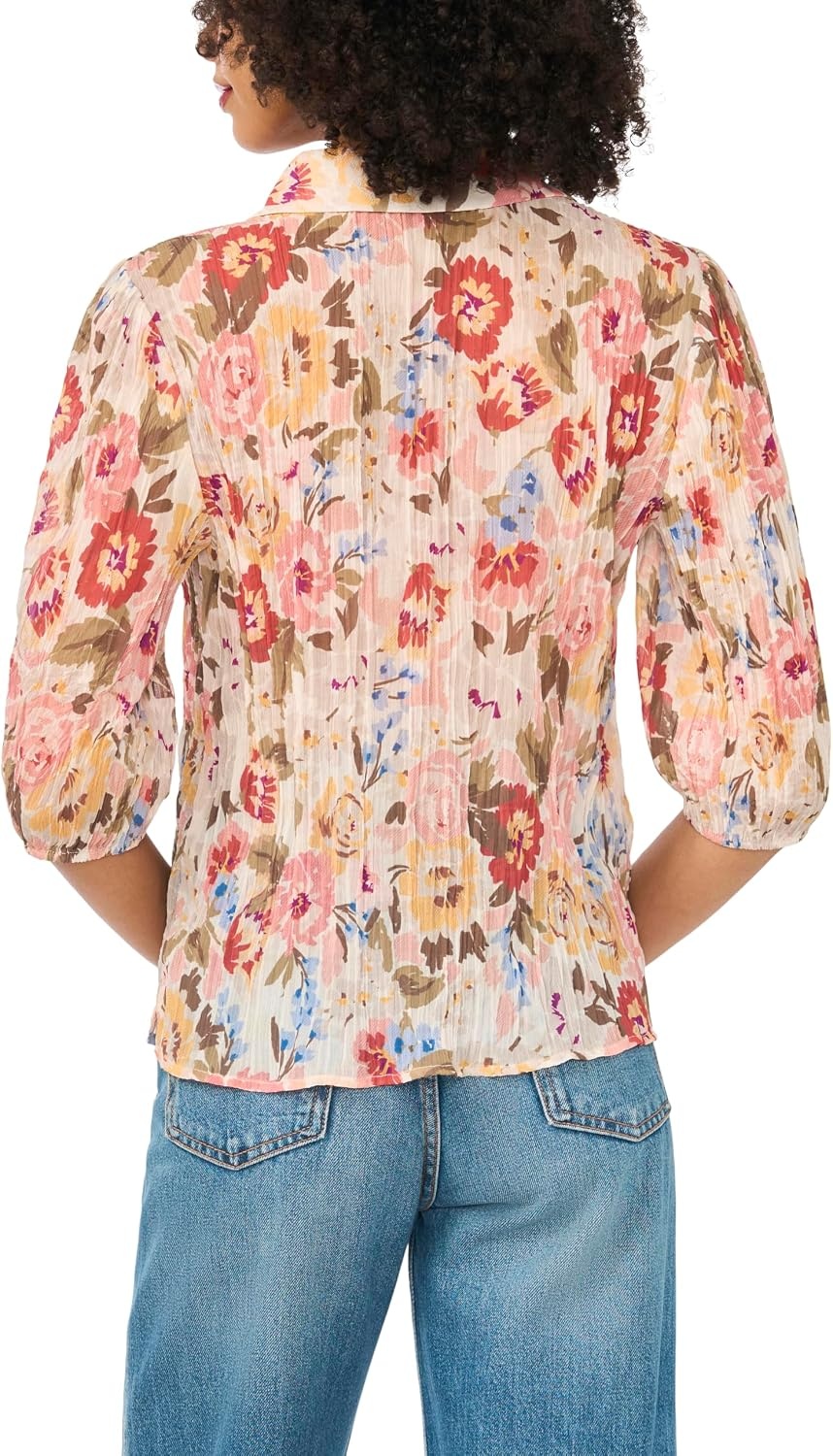 image:imageVince Camuto Womens Floral Elbow Sleeve Puff Sleeve Collar Buttondown TopSand Drift