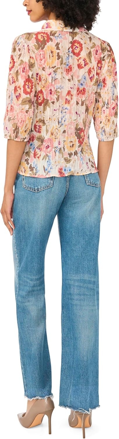 image:imageVince Camuto Womens Floral Elbow Sleeve Puff Sleeve Collar Buttondown TopSand Drift