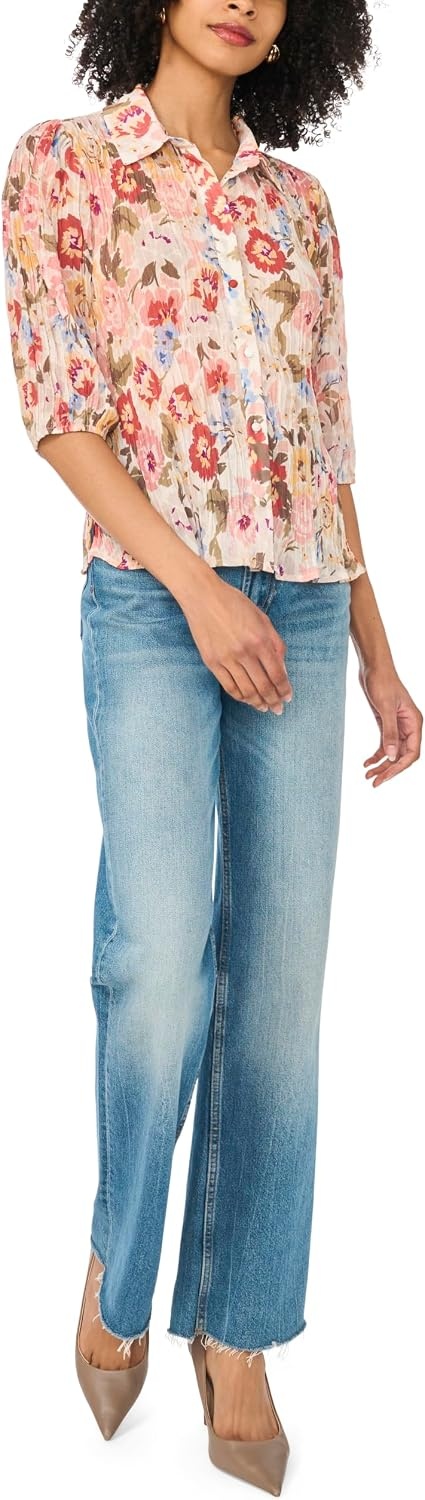 image:imageVince Camuto Womens Floral Elbow Sleeve Puff Sleeve Collar Buttondown TopSand Drift