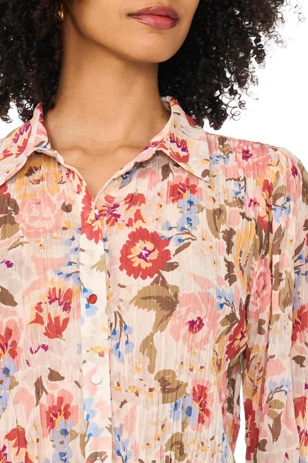 image:imageVince Camuto Womens Floral Elbow Sleeve Puff Sleeve Collar Buttondown TopSand Drift