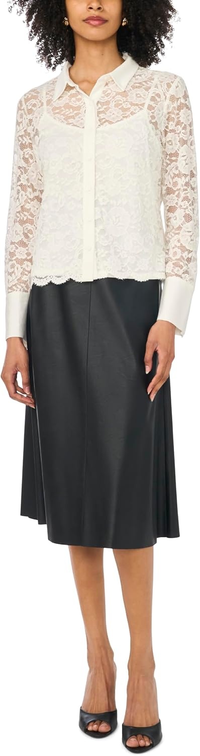 image:imageVince Camuto Womens Lace Long Sleeve Collared Button Down Knit BlouseNew Ivory