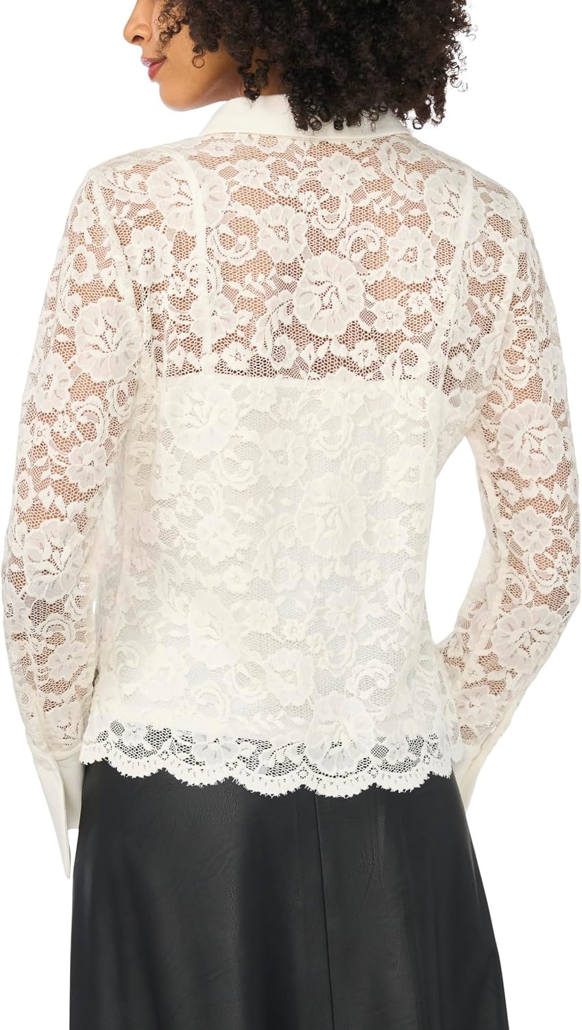 image:imageVince Camuto Womens Lace Long Sleeve Collared Button Down Knit BlouseNew Ivory