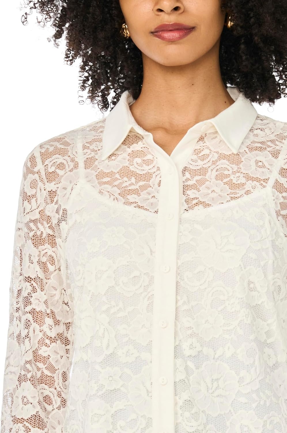 image:imageVince Camuto Womens Lace Long Sleeve Collared Button Down Knit BlouseNew Ivory