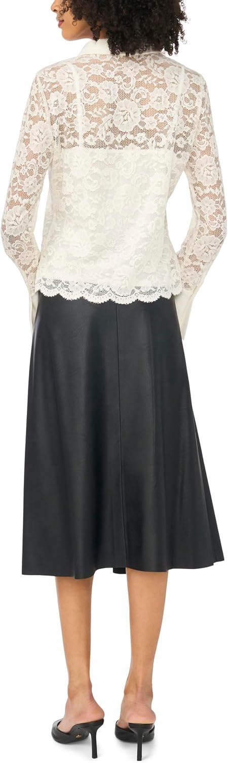 image:imageVince Camuto Womens Lace Long Sleeve Collared Button Down Knit BlouseNew Ivory