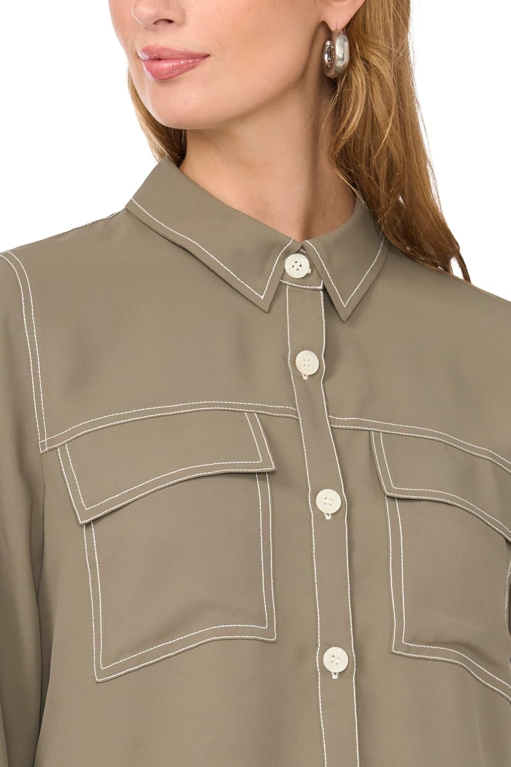 image:imageVince Camuto Womens Long Sleeve Collared Button Up Blouse with Flap PocketsEmerald Leaf