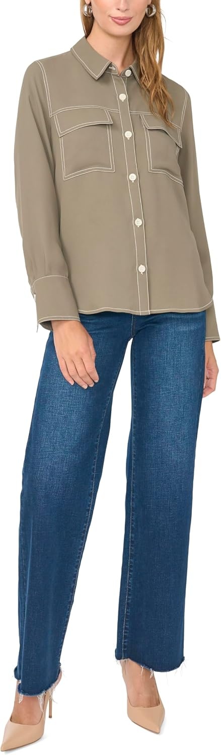 image:imageVince Camuto Womens Long Sleeve Collared Button Up Blouse with Flap PocketsEmerald Leaf