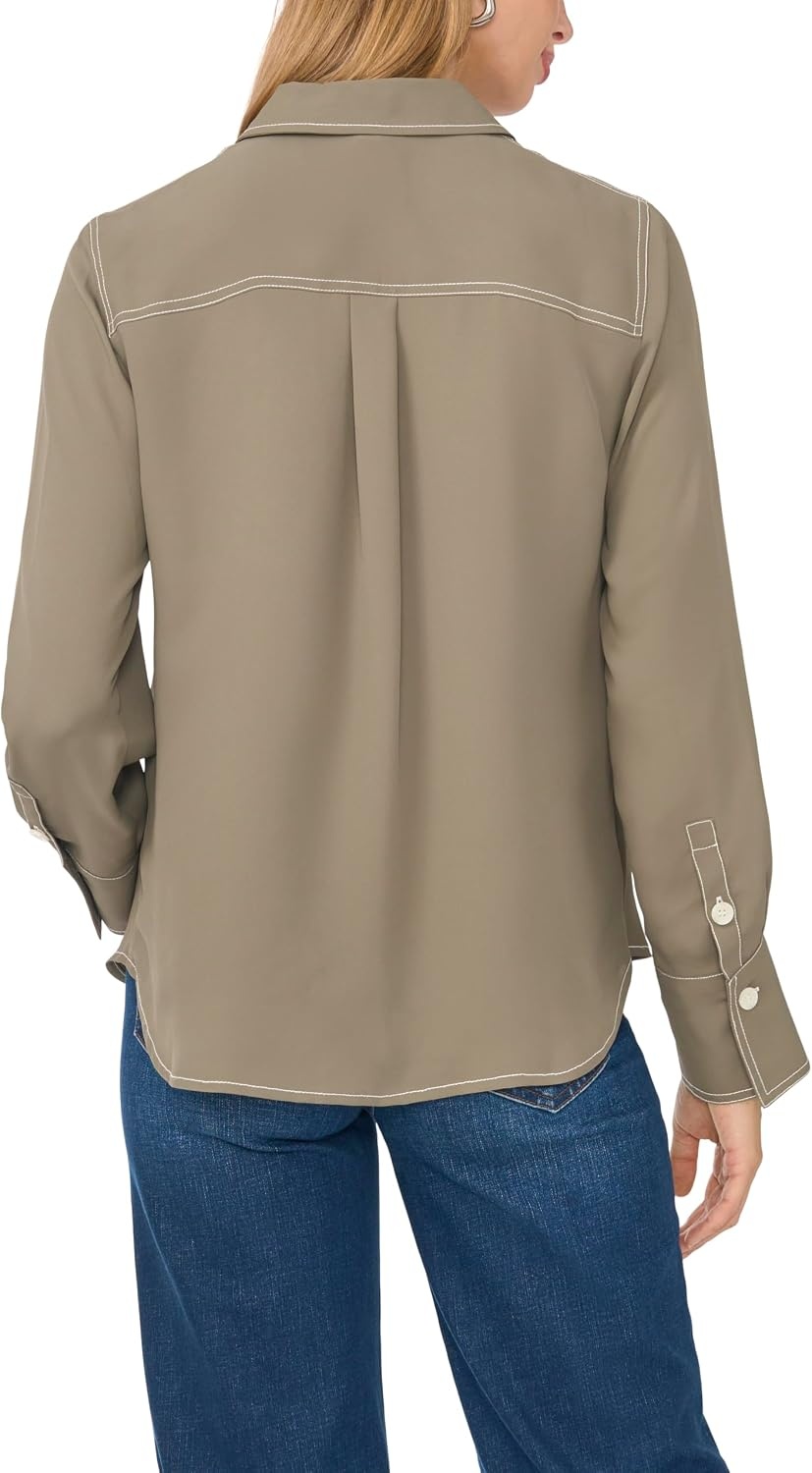 image:imageVince Camuto Womens Long Sleeve Collared Button Up Blouse with Flap PocketsEmerald Leaf