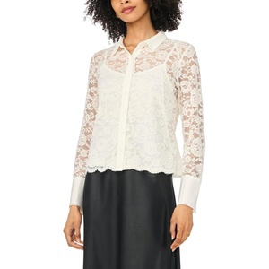 Vince Camuto Women’s Lace Long Sleeve Collared Button Down Knit Blouse(New Ivory)