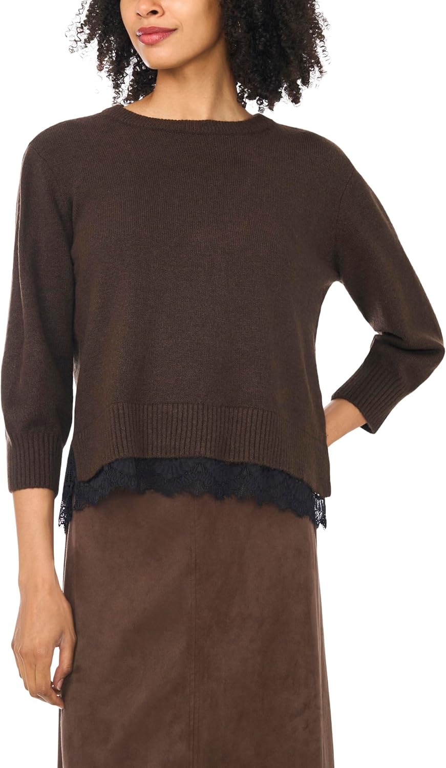 image:imageVince Camuto Womens 34 Sleeve Crew Neck with Lace Hem SweaterChocolate