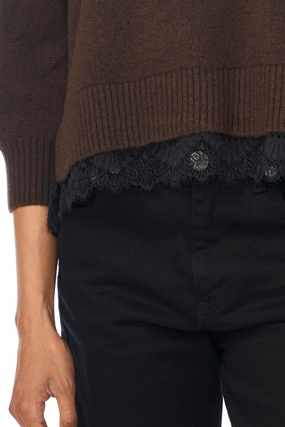 image:imageVince Camuto Womens 34 Sleeve Crew Neck with Lace Hem SweaterChocolate
