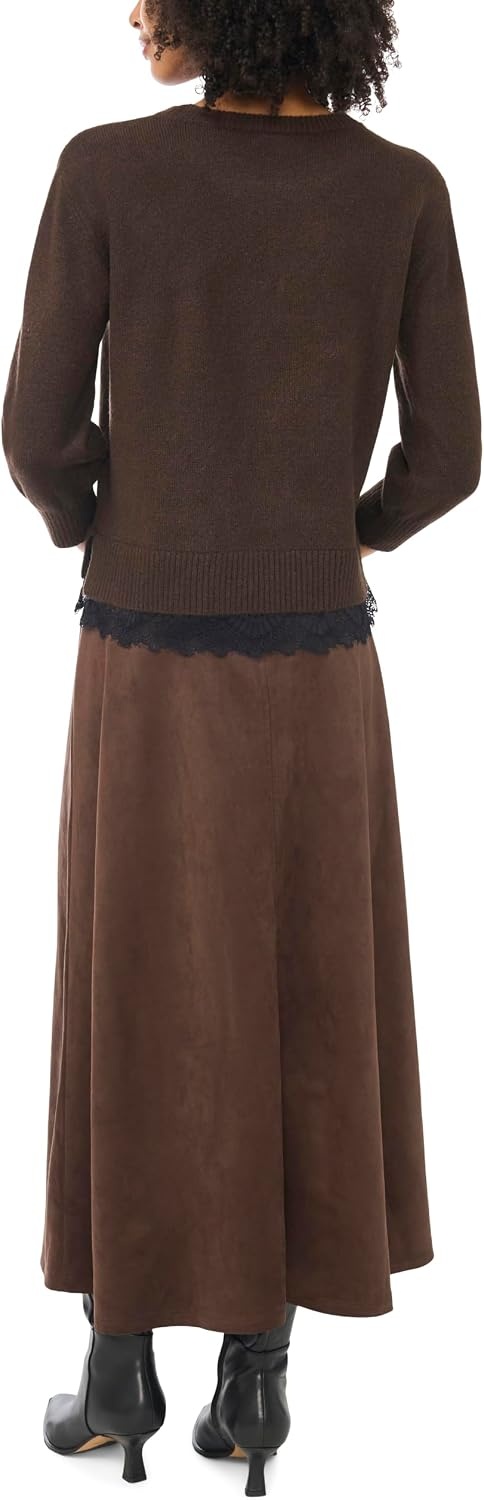 image:imageVince Camuto Womens 34 Sleeve Crew Neck with Lace Hem SweaterChocolate