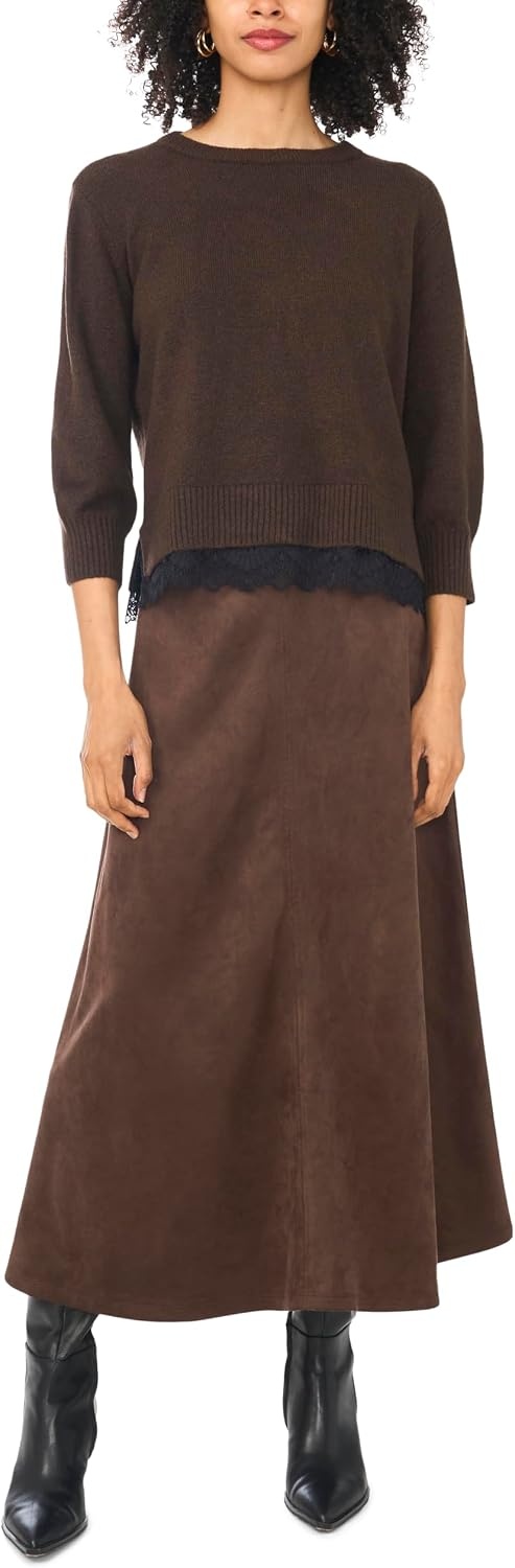 image:imageVince Camuto Womens 34 Sleeve Crew Neck with Lace Hem SweaterChocolate