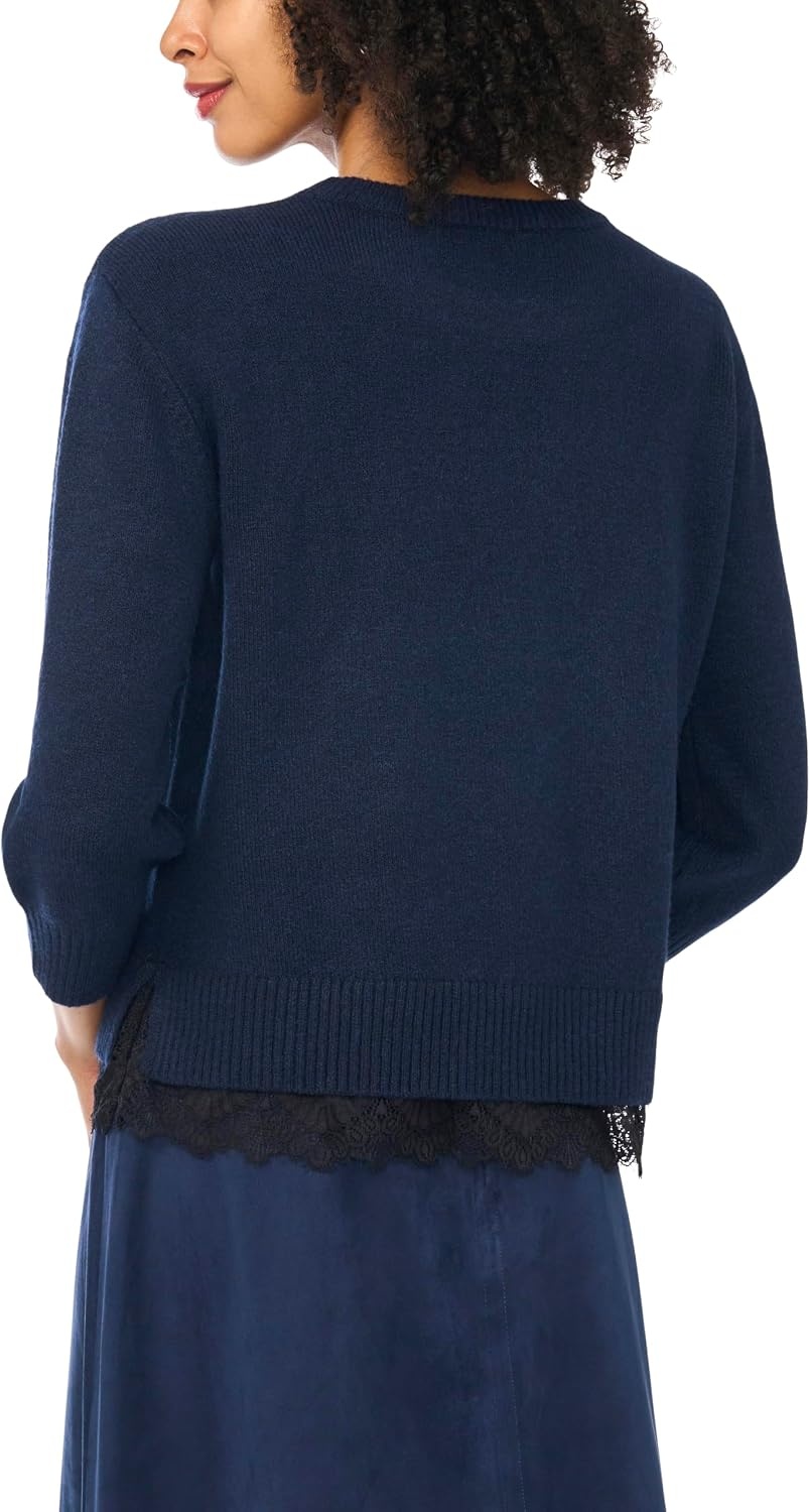 image:imageVince Camuto Womens 34 Sleeve Crew Neck with Lace Hem SweaterClassic Navy