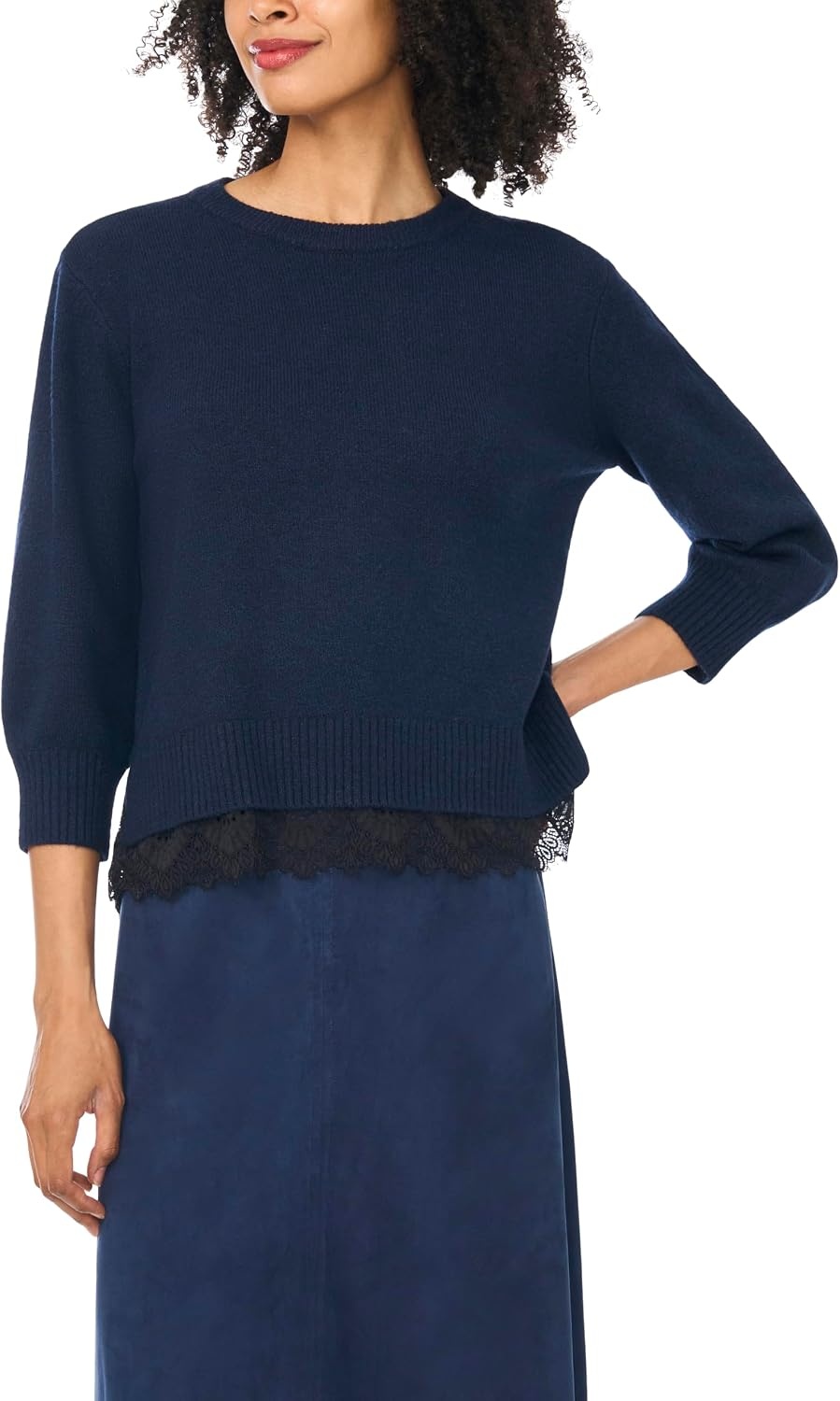 image:imageVince Camuto Womens 34 Sleeve Crew Neck with Lace Hem SweaterClassic Navy