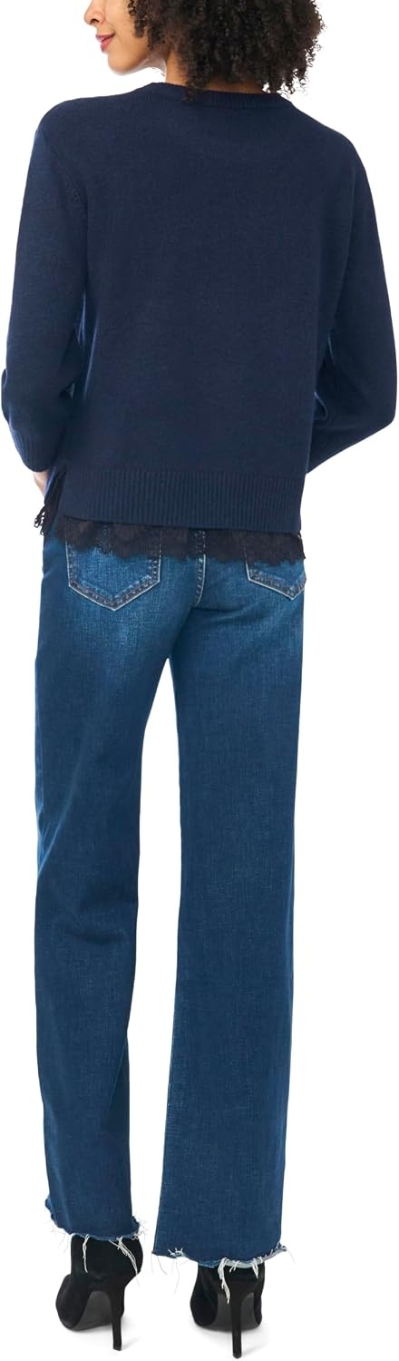 image:imageVince Camuto Womens 34 Sleeve Crew Neck with Lace Hem SweaterClassic Navy