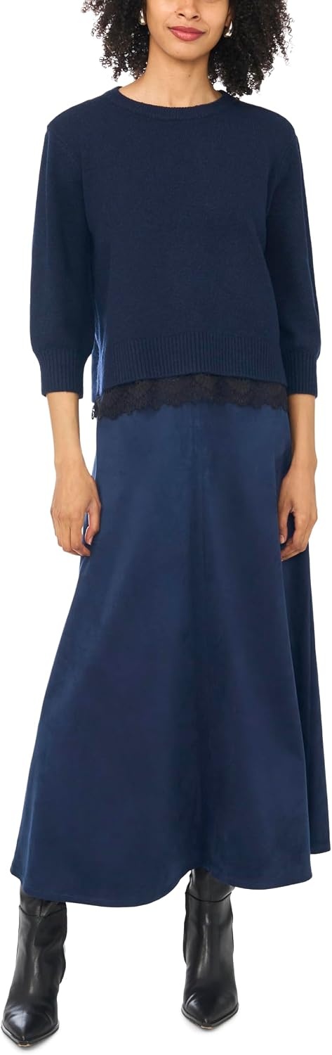 image:imageVince Camuto Womens 34 Sleeve Crew Neck with Lace Hem SweaterClassic Navy