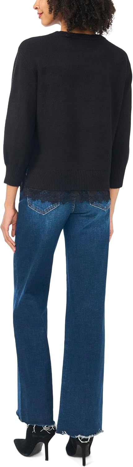 image:imageVince Camuto Womens 34 Sleeve Crew Neck with Lace Hem SweaterRich Black